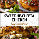 Close-up of golden-baked honey hot feta chicken on a plate with salad for an easy hot day dinner.